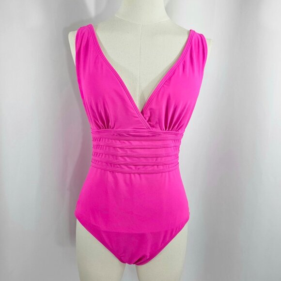 Women's Pink Plunge Neck Strappy Back One Piece Swimsuit Size M NWOT - Picture 2 of 13